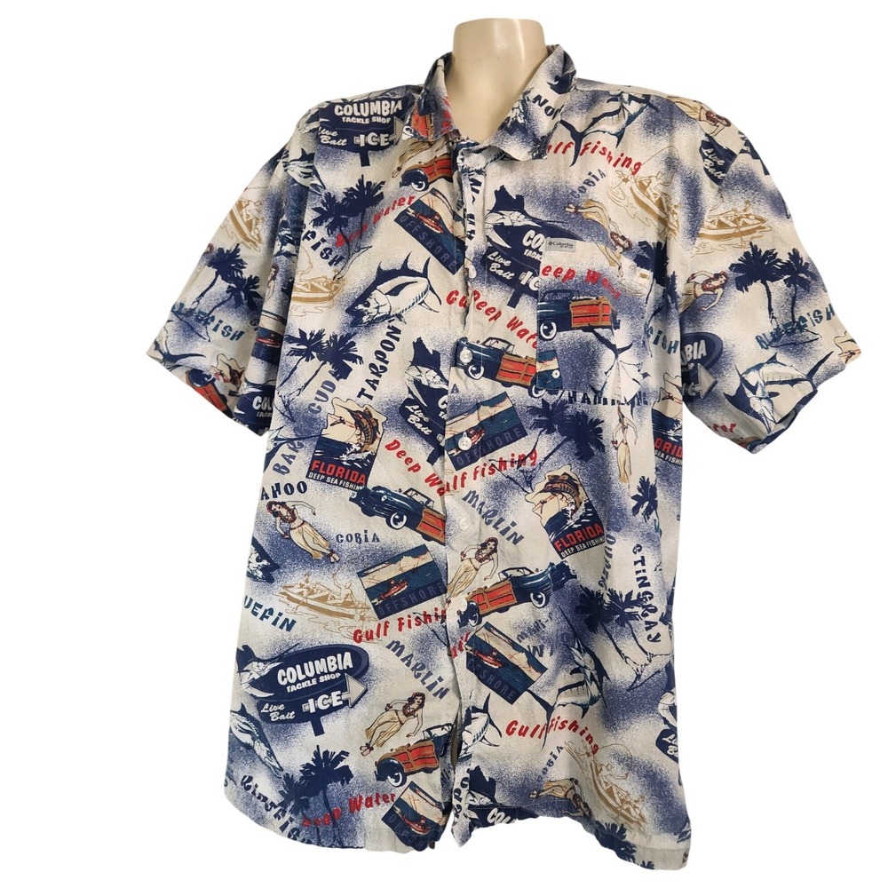 Columbia PFG Mens XXL Blue Florida Deep Sea Fishing Novelty Print Shirt FM7011